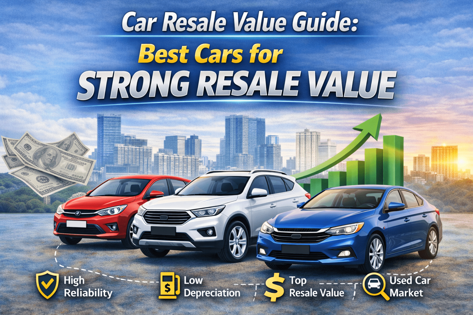 Car resale value guide showing hatchback, sedan and SUV highlighting depreciation, maintenance and strong resale value