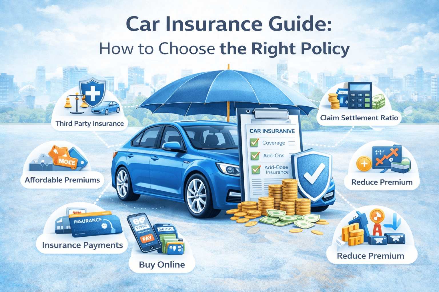“Car insurance guide infographic explaining how to choose the right car insurance policy, coverage types and benefits.”
