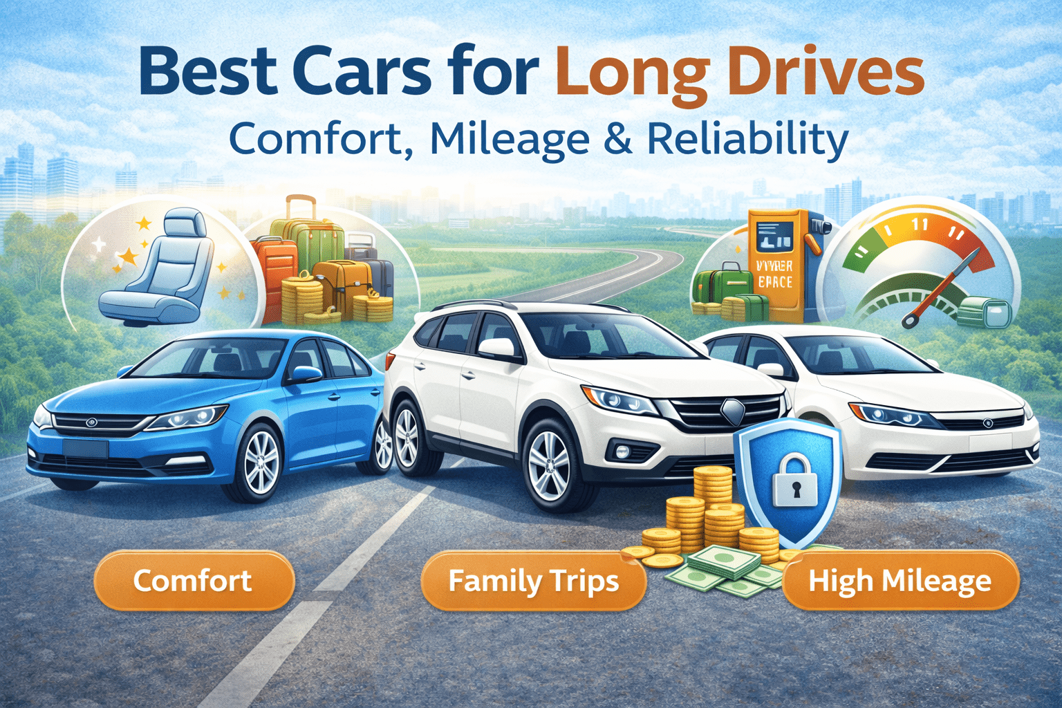 Best cars for long distance travel with focus on comfort, mileage and safet