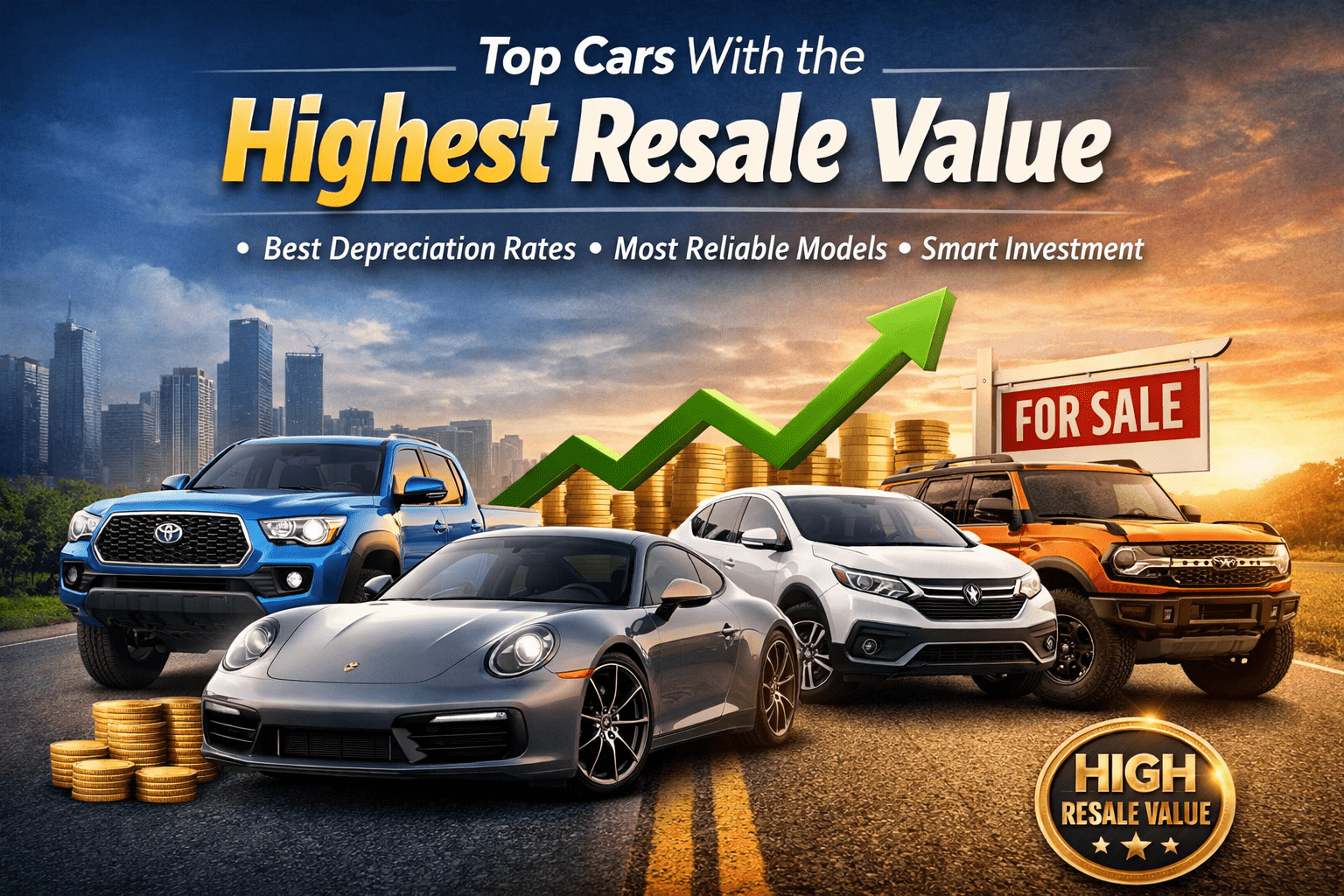 “Top cars with the highest resale value including Toyota Tacoma, Porsche 911, Toyota RAV4, Honda CR-V and Ford Bronco known for low depreciation and strong resale value.”